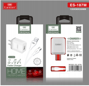 CARGADOR CUBO CASA ES-187M CON CABLE MICRO V8 EARLDOM