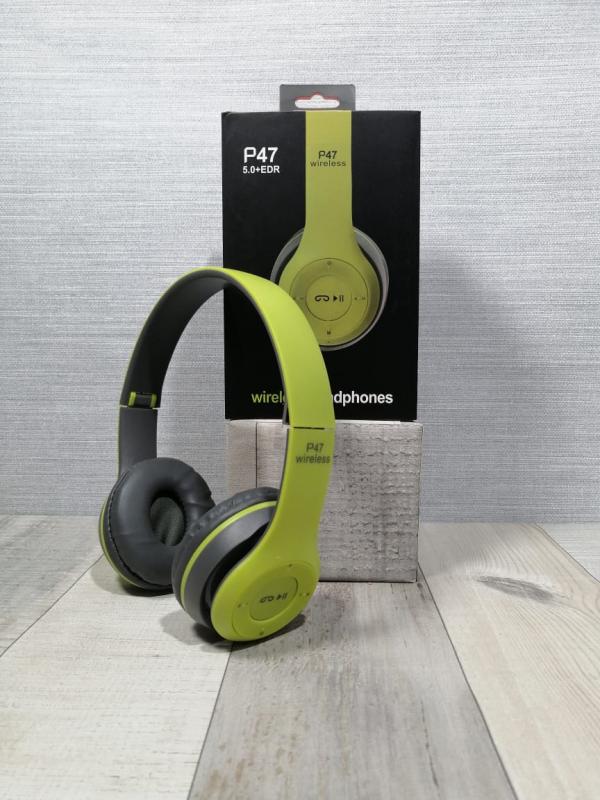 AUDIFONOS MANOS LIBRES BLUETOOTH STEREO MP3 WIRELESS P47 COLOR GRIS CON VERDE