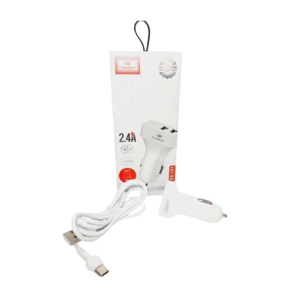 CARGADOR CUBO CARRO DOBLE USB 2.4 A CON CABLE TIPO-C  ES-131C EARLDOM BLANCO