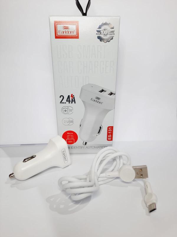 CARGADOR CUBO CARRO DOBLE USB 2.4 A CON CABLES MICRO V8  ES-131M EARLDOM BLANCO