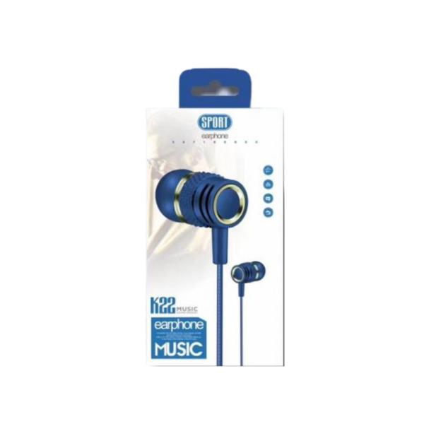 AUDIFONOS MANOS LIBRES CON CABLE STEREO 3.5 MM K22 COLOR AZUL