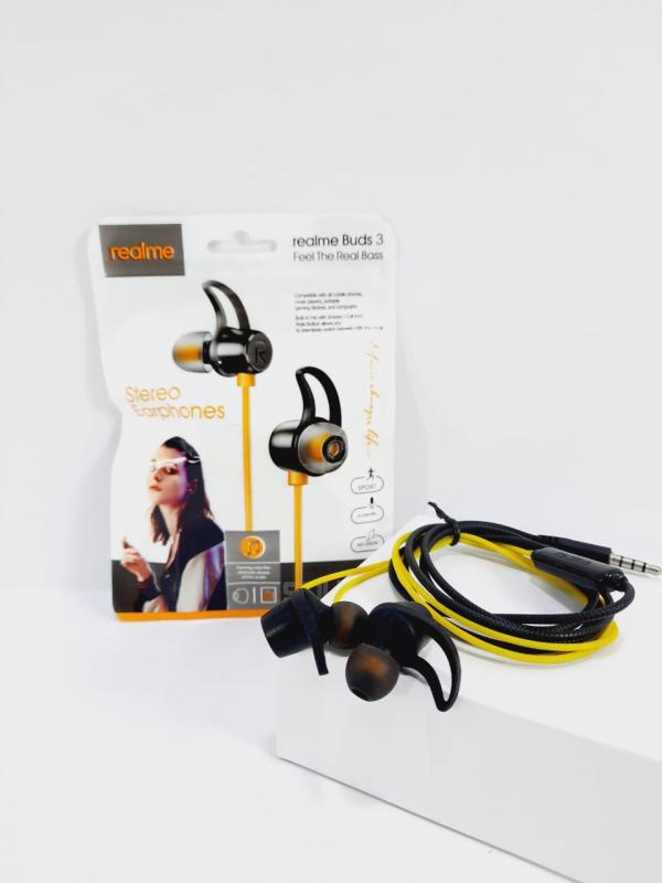 AUDIFONOS MANOS LIBRES CON CABLE STEREO MP3 REALME BUDS 3 NEGRO CON AMARILLO