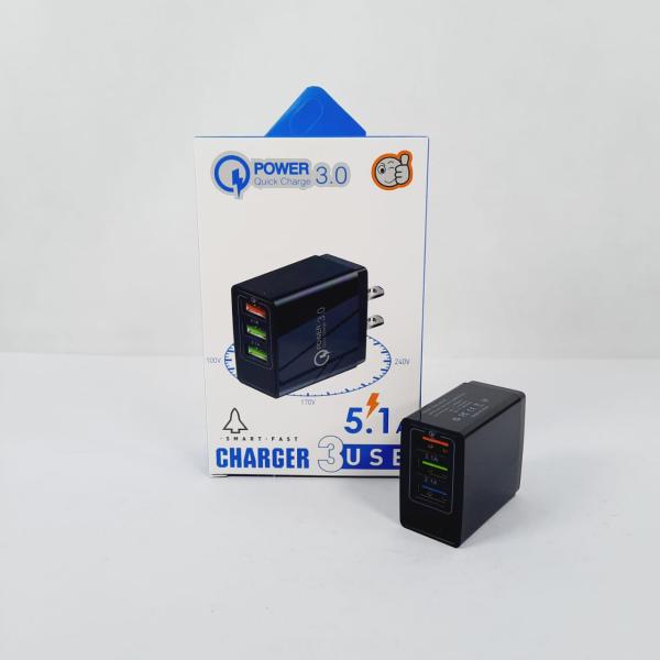CARGADOR CUBO CASA  3 USB QC 3.0 5.1 A COLOR NEGRO