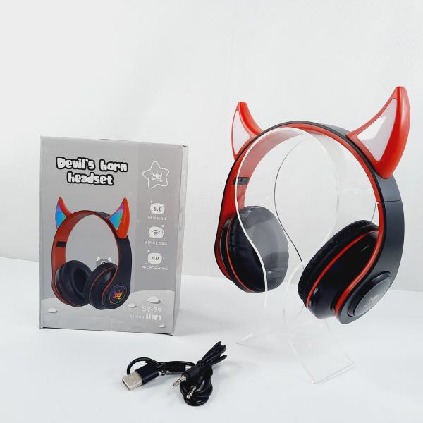 AUDIFONOS MANOS LIBRES BLUETOOTH STEREO MP3 SY-39 DIABLITO COLOR NEGRO CON ROJO