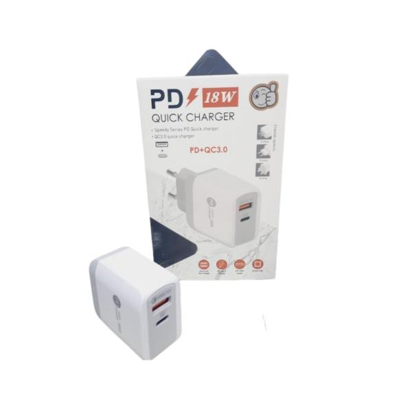 CARGADOR CUBO CASA PD 18W + QC 3.0 USB A + USB C CAJA BLANCA