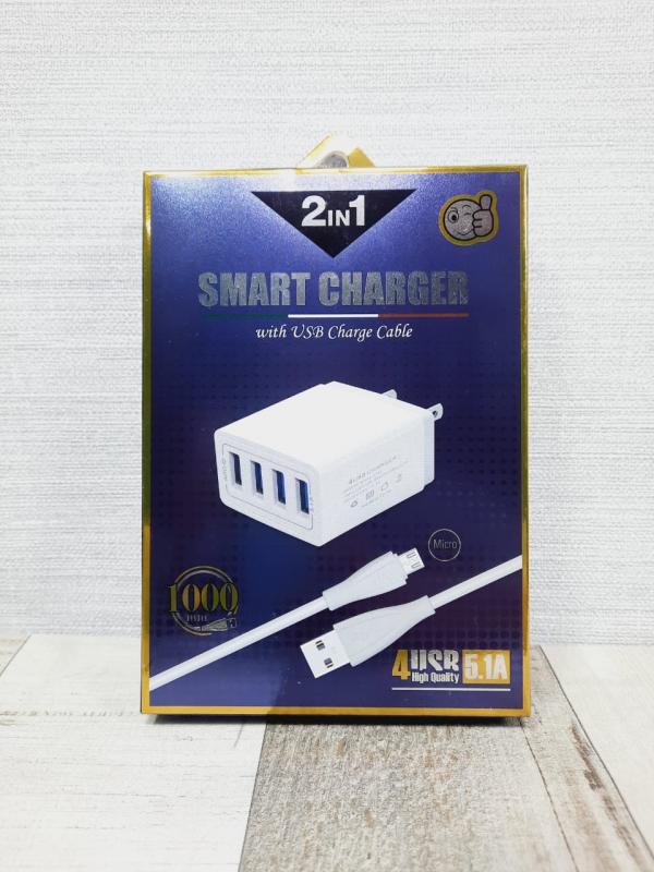 CARGADOR CUBO CASA  4 USB CON CABLE USB TIPO-C CAJA AZUL