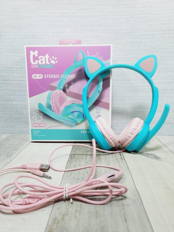 AUDIFONOS MANOS LIBRES CON CABLE Y MICROFONO STEREO MP3 AKZ-020 OREJAS DE GATO COLOR TURQUESA / ROSADO