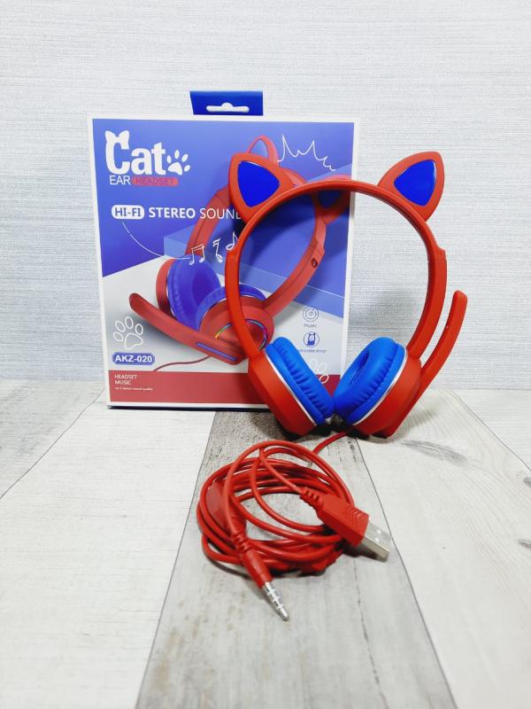 AUDIFONOS MANOS LIBRES CON CABLE Y MICROFONO STEREO MP3 AKZ-020 OREJAS DE GATO COLOR ROJO / AZUL