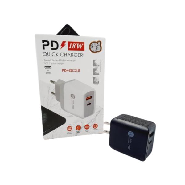 CARGADOR CUBO CASA PD 18W + QC 3.0 USB A + USB C CAJA NEGRO