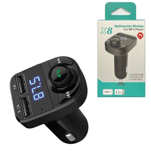 CARGADOR CUBO CARRO DOBLE USB 2.4 A CON BLUETHOOTH Y FM TRANSMISOR X27 X8