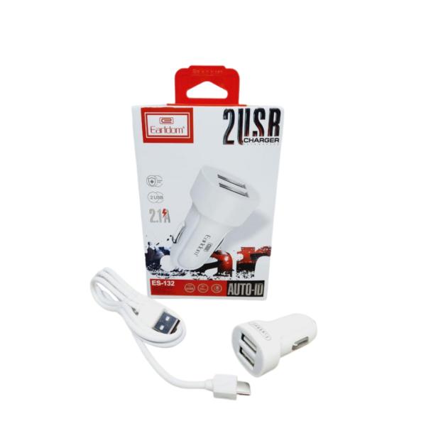 CARGADOR CUBO CARRO DOBLE USB 2.1 A CON CABLES TIPO-C  ES-132C EARLDOM BLANCO