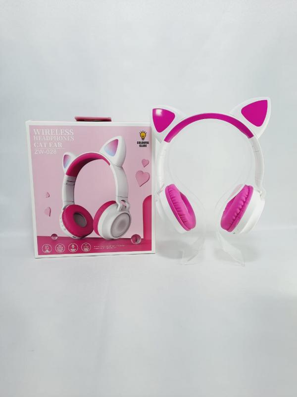 AUDIFONOS MANOS LIBRES BLUETOOTH STEREO MP3 WIRELESS ZW-028 OREJAS DE GATO COLOR BLANCO / FUCSIA