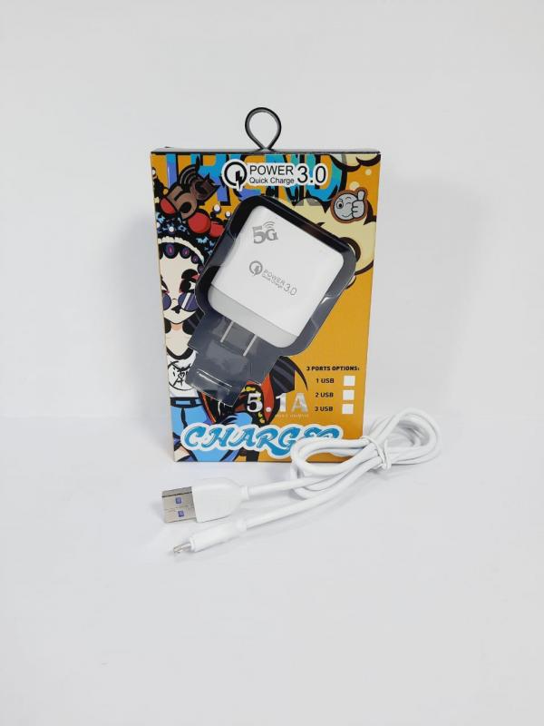 CARGADOR CUBO CASA 5.1A 1 USB + CABLES USB MICRO V8 YBS Y1 COLOR BLANCO