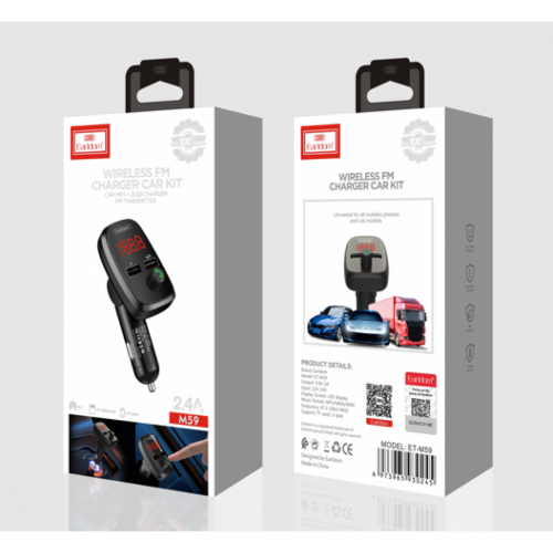 CARGADOR CUBO CARRO DOBLE USB 2.4A CON BLUETHOOTH Y TRANSMISOR FM  ET-M59 EARLDOM NEGRO