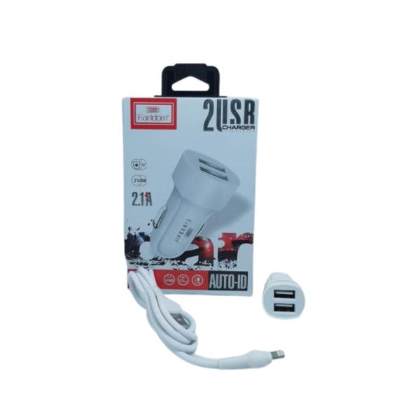 CARGADOR CUBO CARRO DOBLE USB 2.1 A CON CABLES IPHONE  ES-132I EARLDOM BLANCO