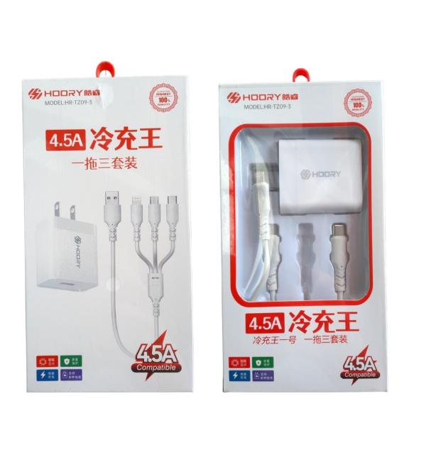 CARGADOR CUBO CASA CON CABLE MICRO-TIPO C- IPHONE  4.5 A HR-TZ09-3 HOORY BLANCA