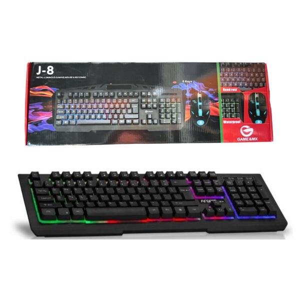 SET O KIT DE TECLADO, MOUSE, GAMER RGB J-8 COLOR NEGRO