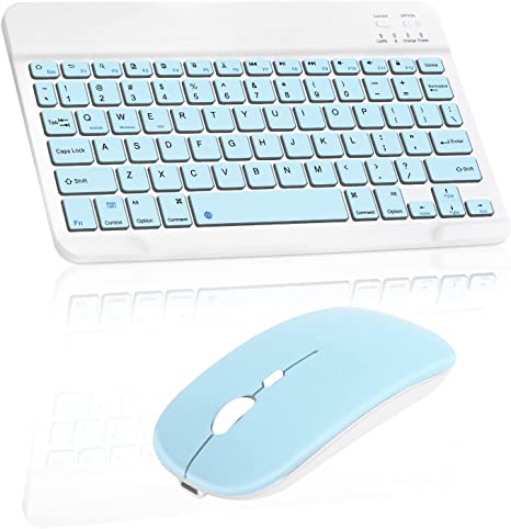 TECLADO + MOUSE PORTATIL BLUETOOTH METALICO COLOR CELESTE