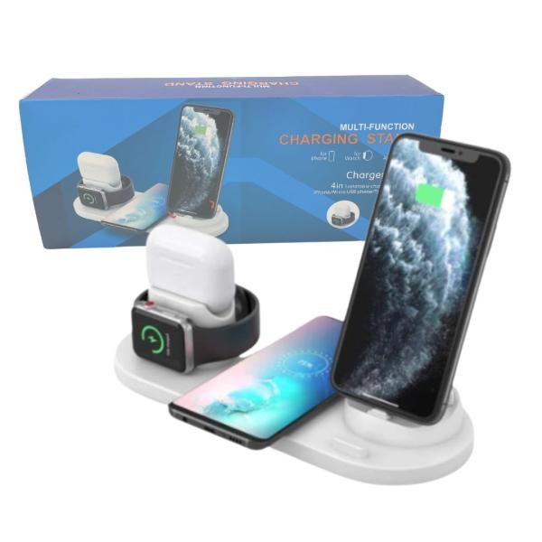 CARGADOR INALAMBRICO CAJA AZUL  TIPO HOLDER PARA CELULAR INPODS Y RELOJ WIRELESS COLOR BLANCO