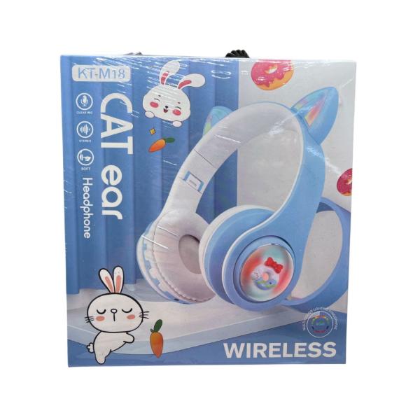 AUDIFONOS MANOS LIBRES BLUETOOTH STEREO MP3 KT M18 OREJAS DE GATO  DISE&Ntilde;O CONEJO CELESTE