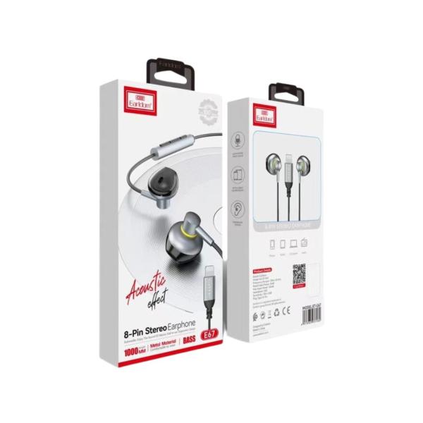 AUDIFONOS MANOS LIBRES CON CABLE IPHONE STEREO MP3 EARLDOM ET-E67 COLOR GRIS