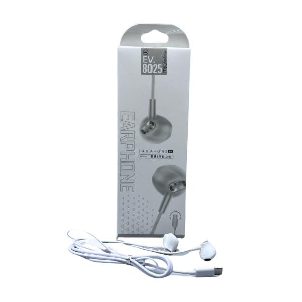 AUDIFONOS MANOS LIBRES CON CABLE STEREO MP3 EV8025 TIPO C BLANCO