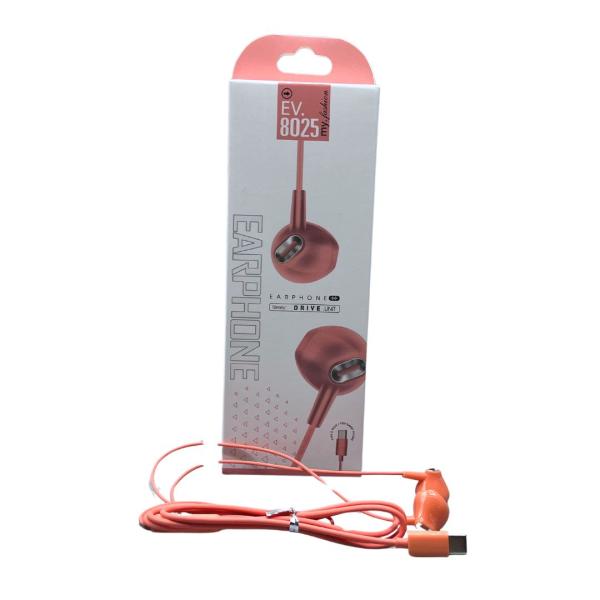 AUDIFONOS MANOS LIBRES CON CABLE STEREO MP3 EV8025 TIPO C ROSADO