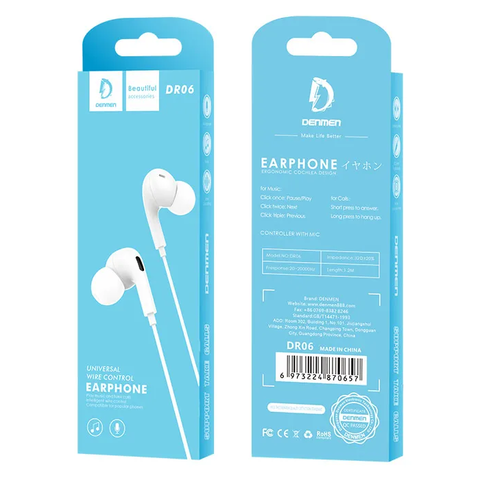 AUDIFONOS MANOS LIBRES CON CABLE STEREO MP3  DR06 DENMEN BLANCO