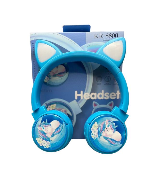 AUDIFONOS MANOS LIBRES STEREO MP3  KR-8800 OREJAS GATO UNICORNIO CELESTE