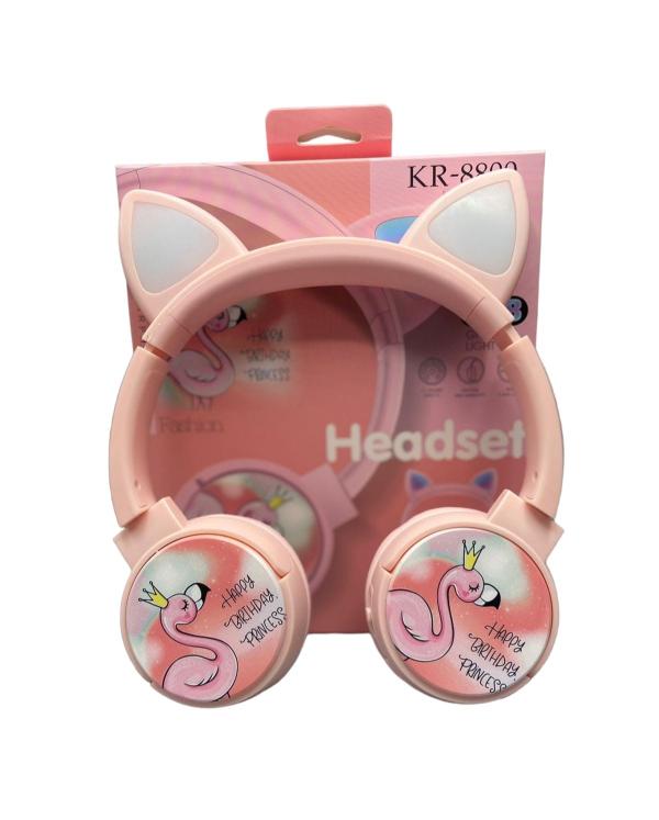 AUDIFONOS MANOS LIBRES STEREO MP3  KR-8800 OREJAS GATO FLAMINGO ROSADO