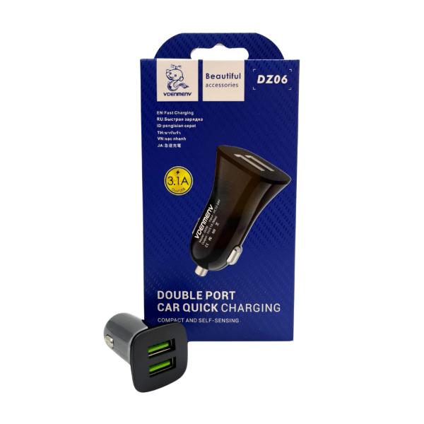 CARGADOR CUBO CARRO DOBLE USB A 3.1A DZ06 DENMEN NEGRO