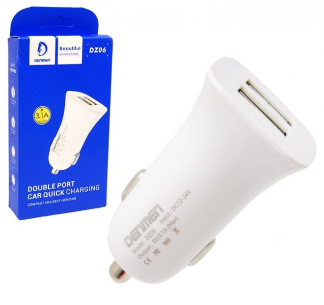 CARGADOR CUBO CARRO DOBLE USB A 3.1A DZ06 DENMEN BLANCO