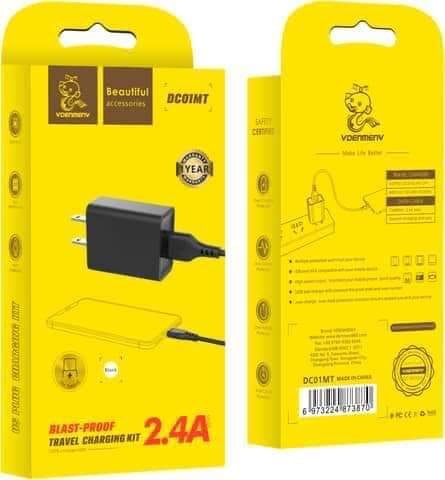 CARGADOR CUBO CASA  2.4 A + CABLE USB TIPO C DC01MT DENMEN NEGRO