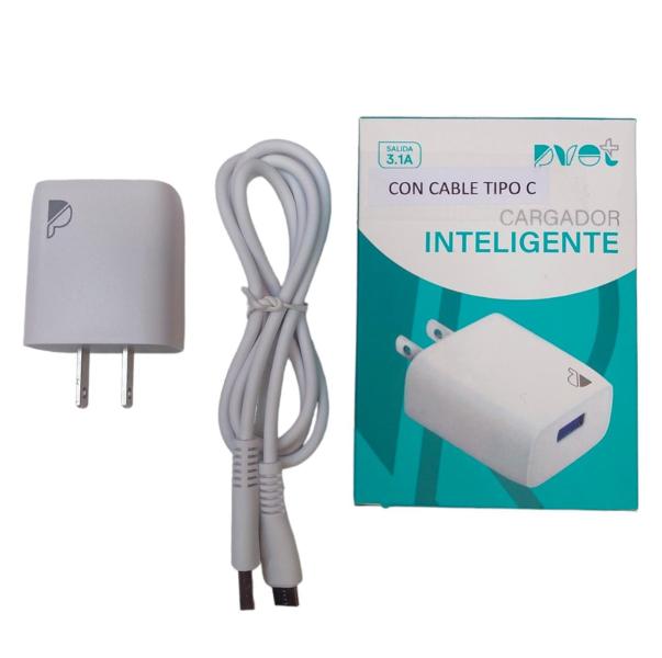 CARGADOR CUBO CASA LISO 3.1A  USB  PVOT CON CABLE TIPO C