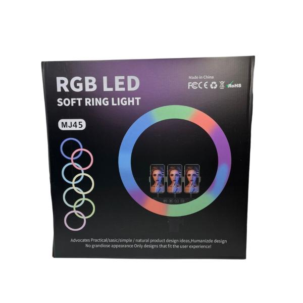 ARO DE LUZ 45CM DE COLORES RGB CON HOLDER PARA TRIPODE CON CONTROL Y CONECTOR USB TAMA&Ntilde;O LEDS  RABI + TRIPODE DE 2.1 MTS
