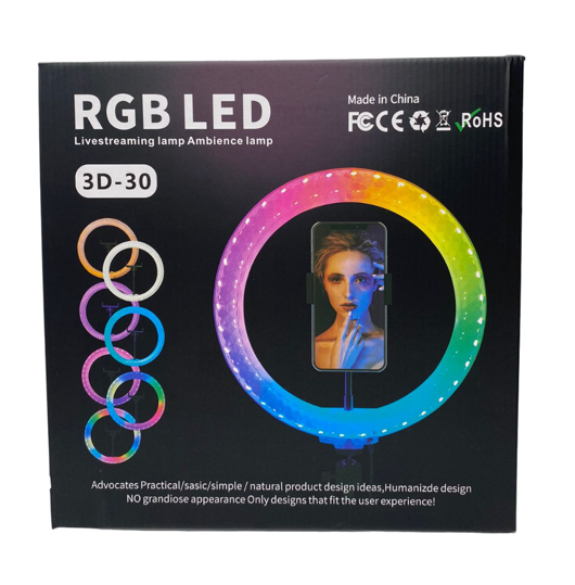 ARO DE LUZ TRANSPARENTE 30 CM CON HOLDER Y CONTROL PARA ARO RGB USB LEDS RABI 3D-30 + TRIPODE DE 2.1 MTS 30 CM