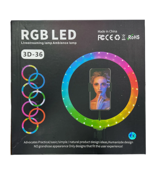 ARO DE LUZ TRANSPARENTE 36 CM DE COLORES RGB CON HOLDER PARA TRIPODE CON CONTROL Y CONECTOR USB TAMA&Ntilde;O LEDS  RABI 3D-36+ TRIPODE DE 2.1 MTS
