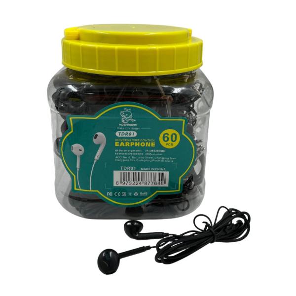 AUDIFONOS MANOS LIBRES CON CABLE STEREO MP3 DENMEN TDR01 EMBASE  60 UNIDADES NEGRO