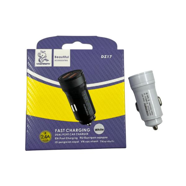 CARGADOR CUBO CARRO DOBLE USB  DZ17 DENMEN BLANCO