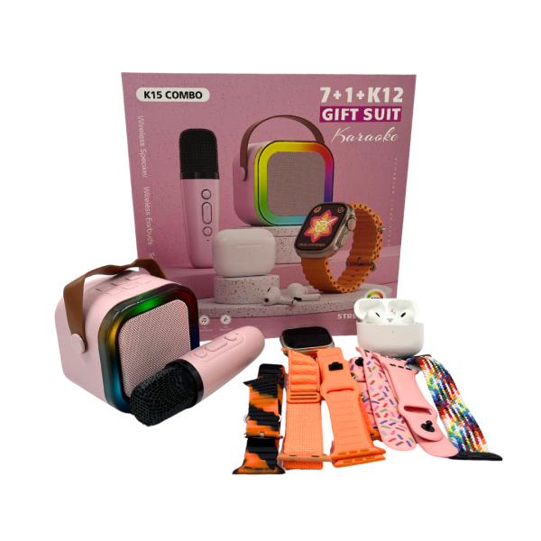 COMBO K15  RELOJ+BOCINA+AUDIFONO+BANDAS ROSADO